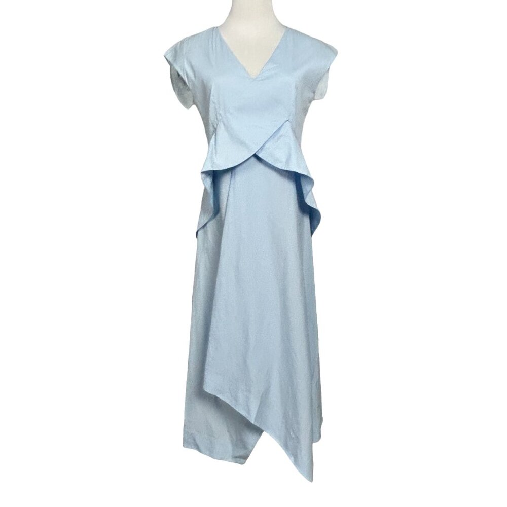 COS Dress Womens 6 Draped Cap Sleeve Blue V-Neck Midi Stretch Asymetrical‎ Hem
